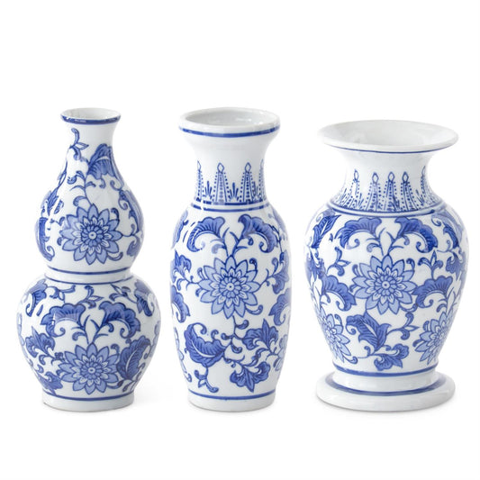 Blue & White Ceramic Chinoiserie Bud Vases