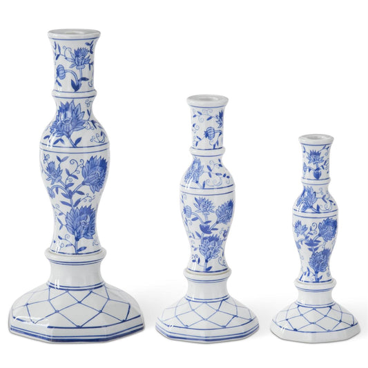 Blue & White Chinoiserie Taper Candleholders (Set of 3)
