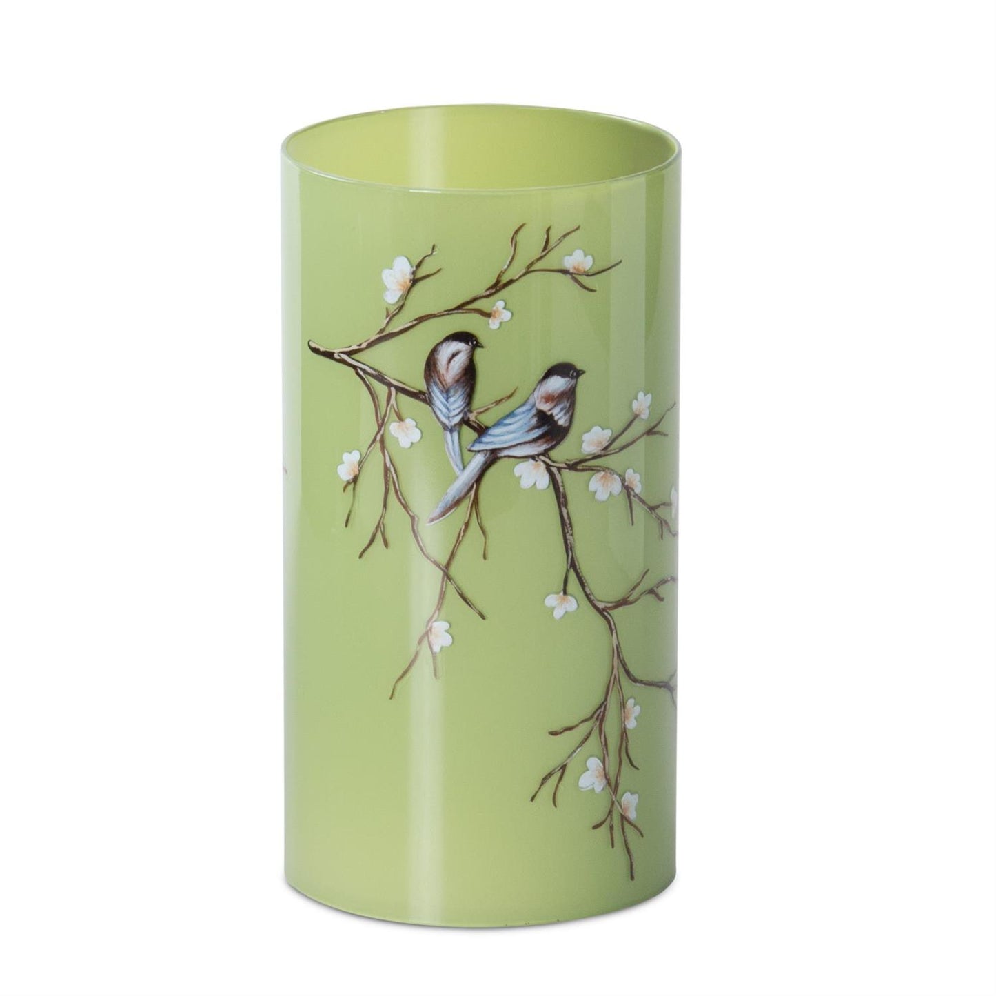 Green w/Blue Birds Glass Cylinder Candle Slip Cover - 7.75"
