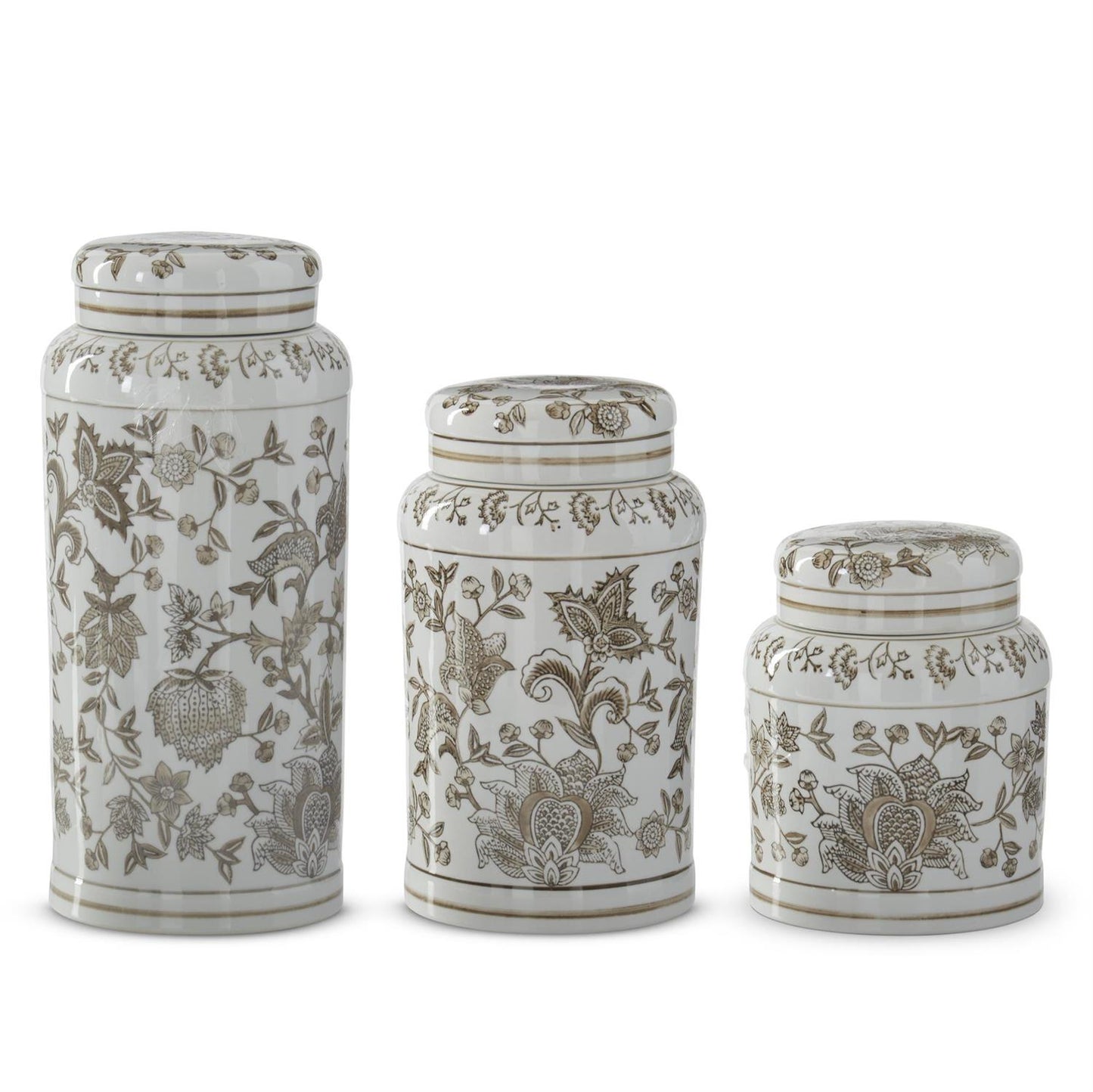Taupe & White Porcelain Chinoiserie Lidded Jars (3 Sizes)