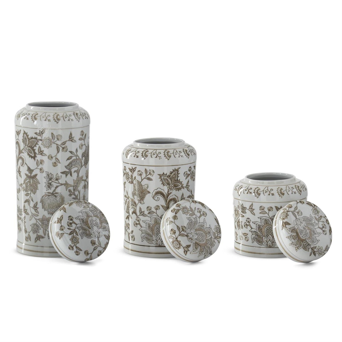 Taupe & White Porcelain Chinoiserie Lidded Jars (3 Sizes)