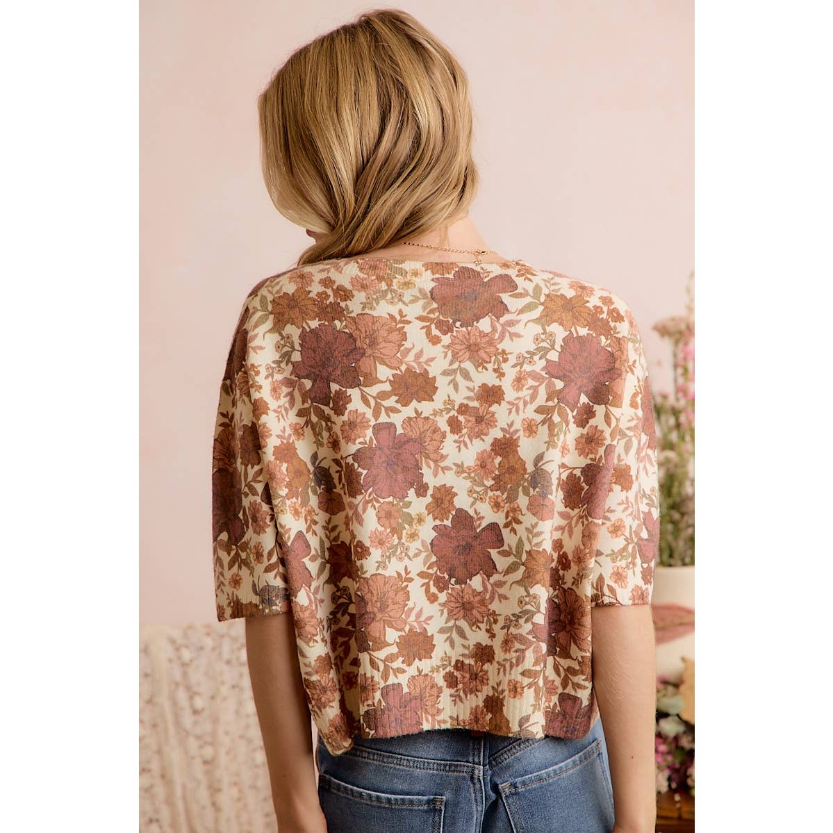 Floral Print Ivory/Brown Button Front Sweater Vest