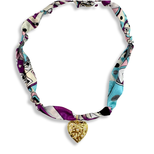 Scarf Bandana Charm Necklaces : Heart CZ - Purple Blue Abstract Scarf
