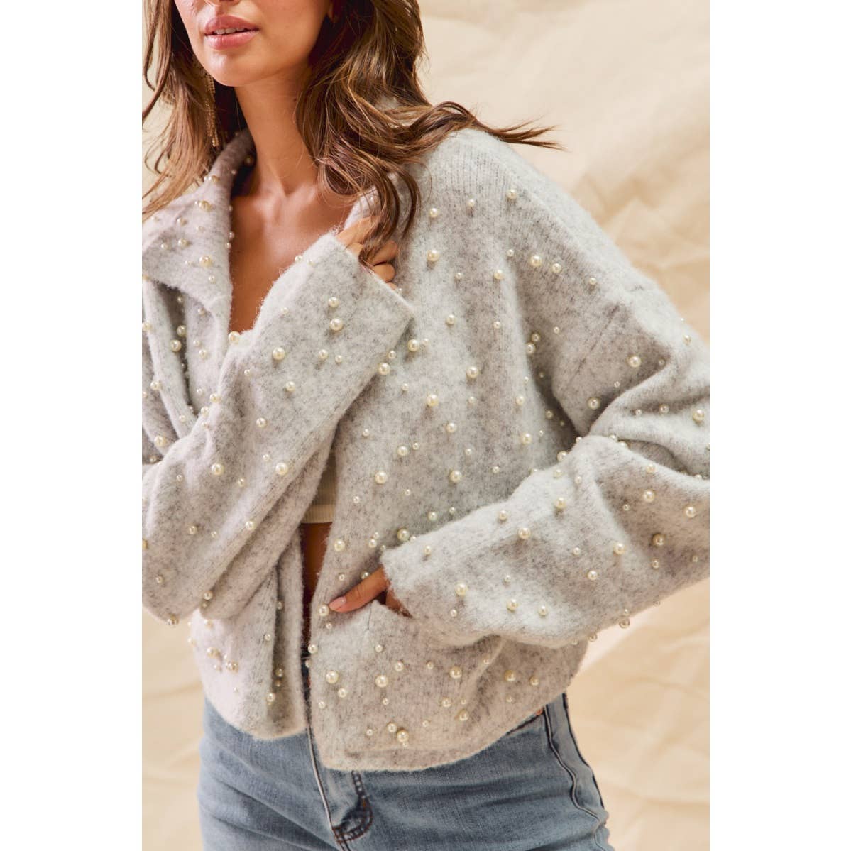 PEARL EMBELLISH SWEATER HOLIDY CHRISTMAS CARDIGAN: LT GREY / L