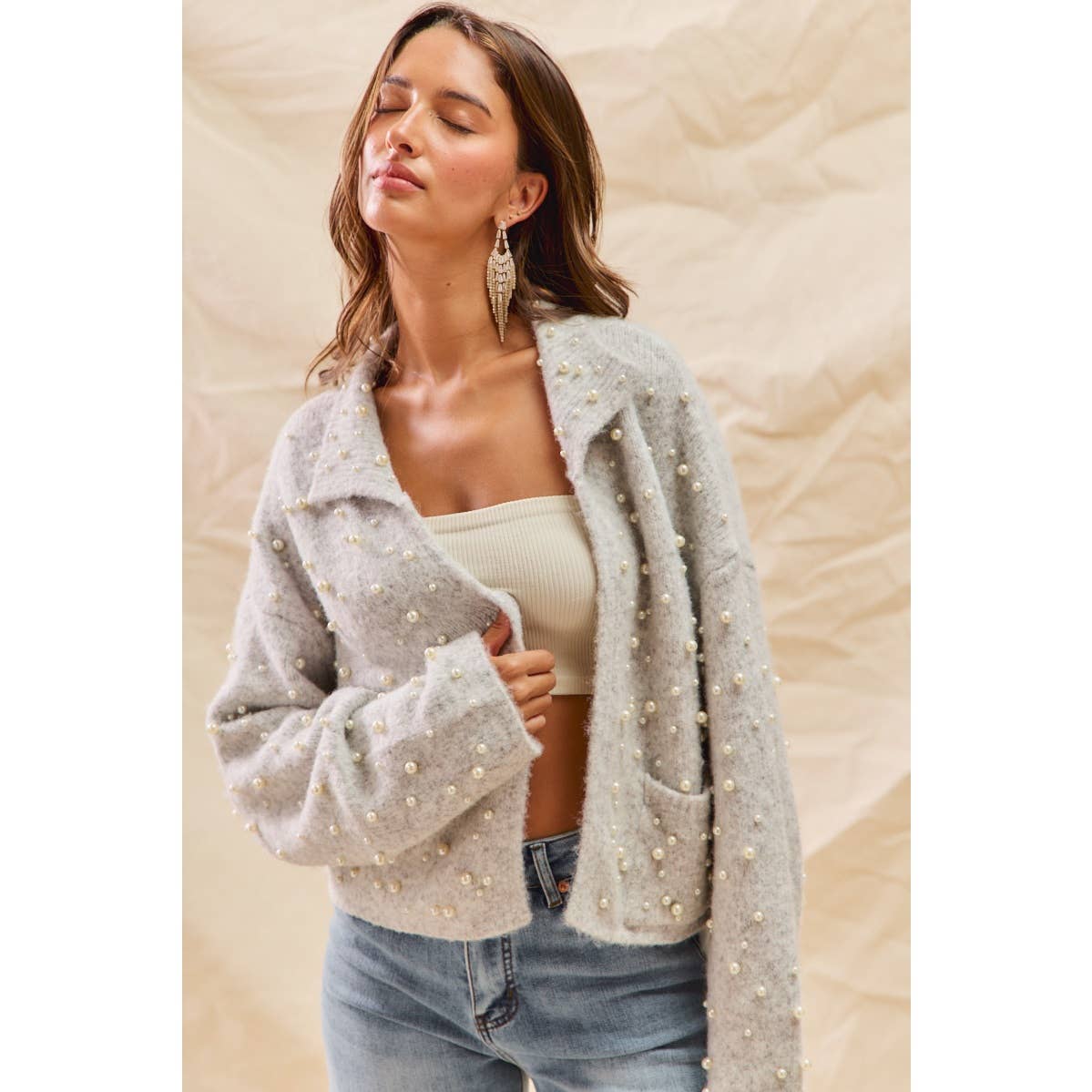 PEARL EMBELLISH SWEATER HOLIDY CHRISTMAS CARDIGAN: LT GREY / S