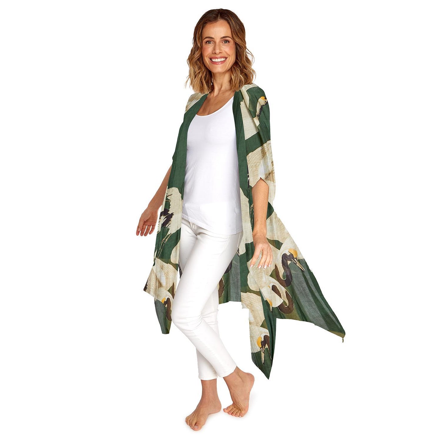 Heron Print Forest Green Long Kimono