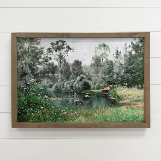 Pond in Spring - Spring Landscape Canvas Art - Wood Framed: 24x36" Extra Large Canvas Art with Thick Wood Frame