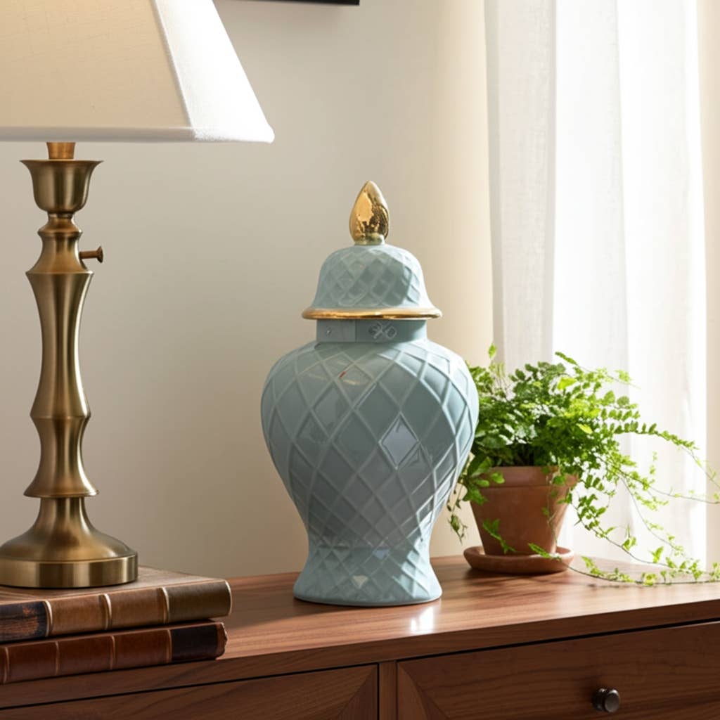 Blue/Gold 20 in. Ceramic Novelty Rope Temple Jar