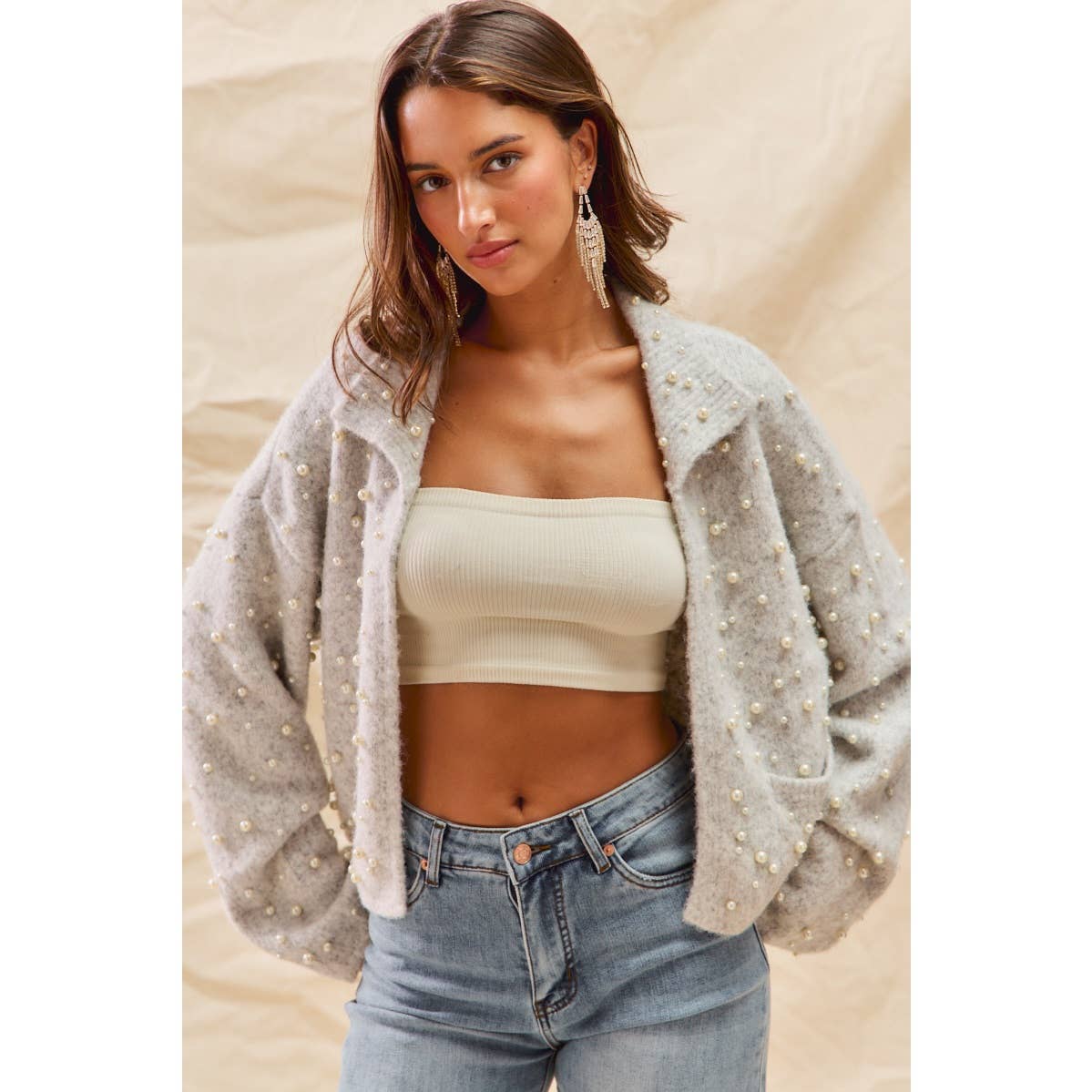PEARL EMBELLISH SWEATER HOLIDY CHRISTMAS CARDIGAN: LT GREY / S