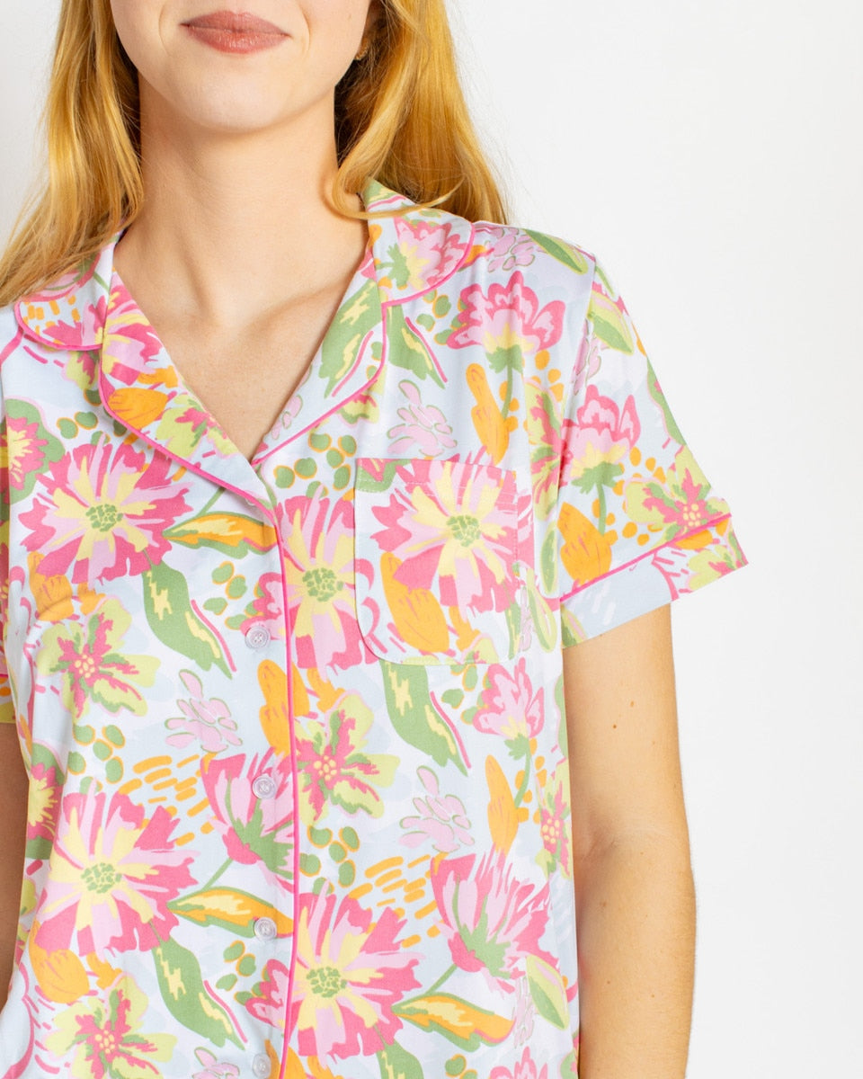 Summer Bouquet Short Sleeve Button Up Sleep Shirt w/Shorts
