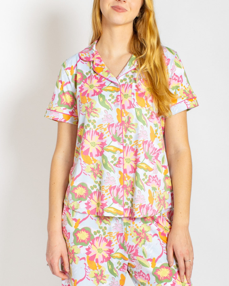 Summer Bouquet Short Sleeve Button Up Sleep Shirt w/Shorts