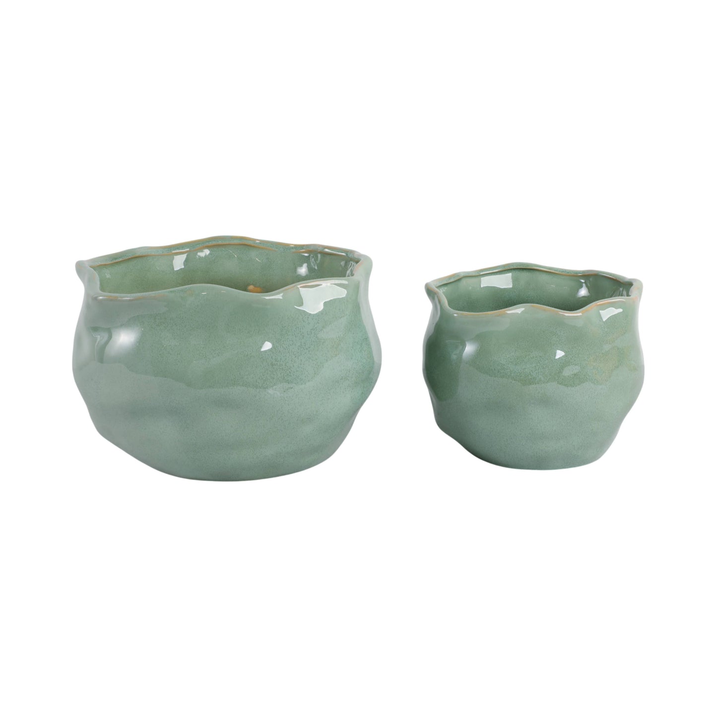 Green Ceramic Round Wavy Edge Planters (2 Sizes)