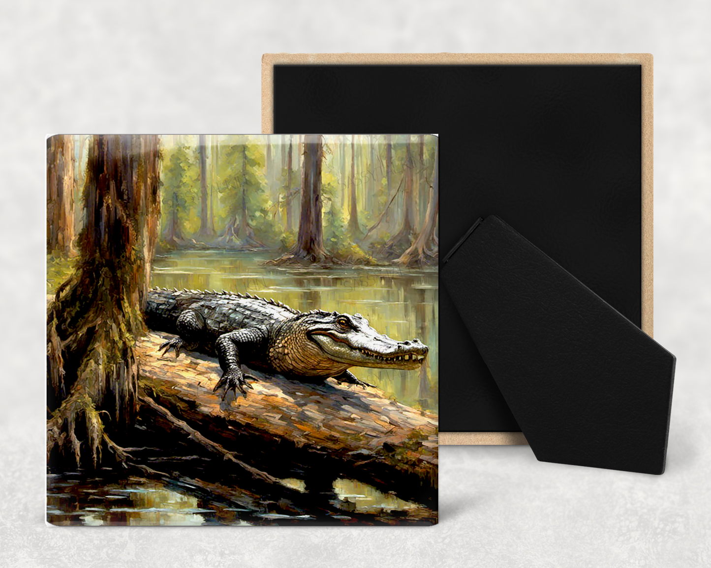 Art tile, CJ, Alligator, 4"x4", easel back: Easel back