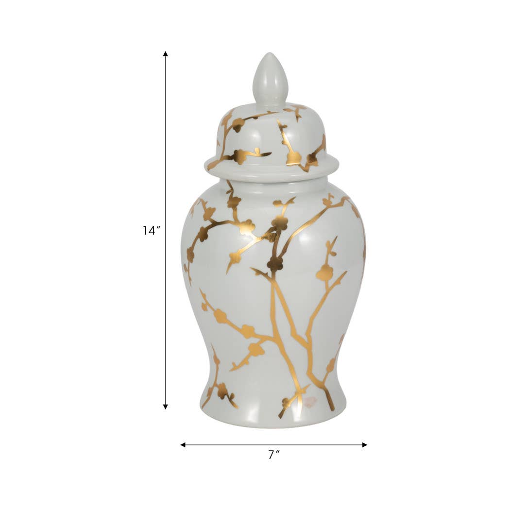 Decorative Temple Jar - White Ceramic Gold Cherry, 14 in.
