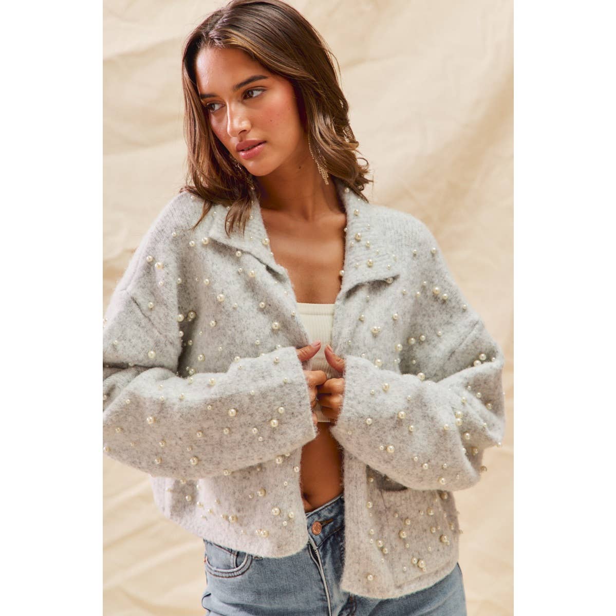 PEARL EMBELLISH SWEATER HOLIDY CHRISTMAS CARDIGAN: LT GREY / S
