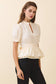 Split Neck Scalloped Elastic Cuff Short Sleeve Top: CREAM