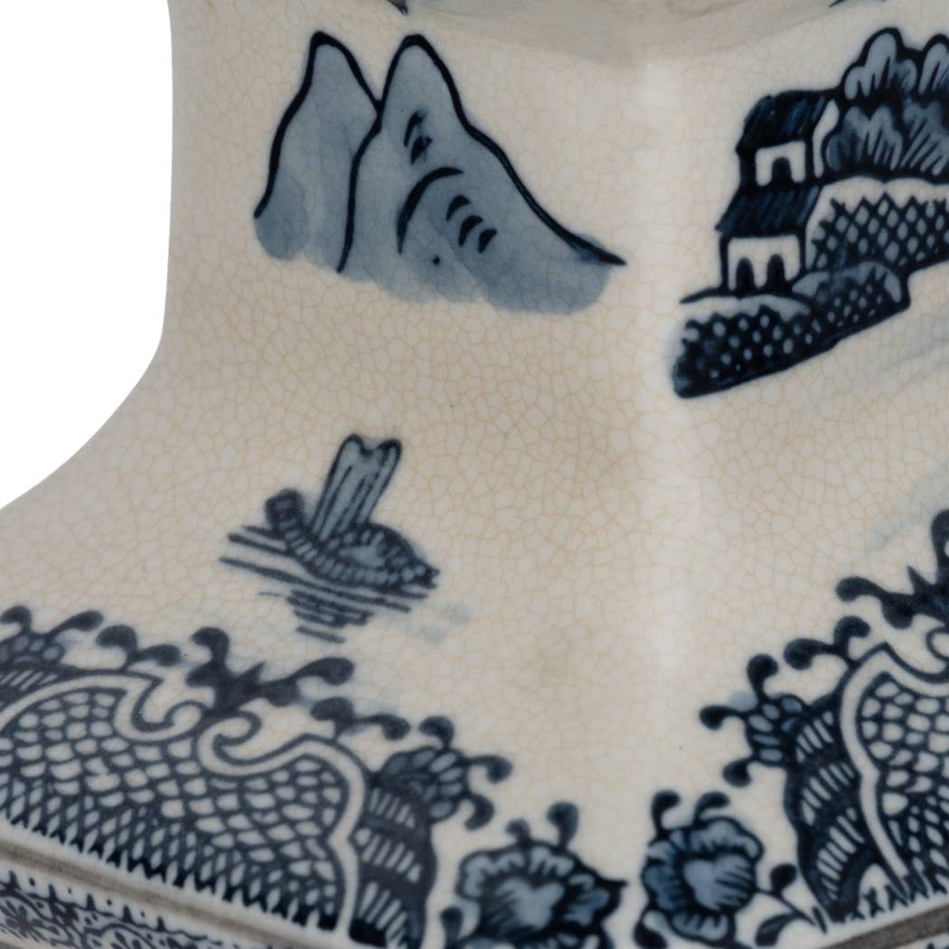 Decorative Jar - Blue Ceramic Chinoiserie Temple, 15 in.
