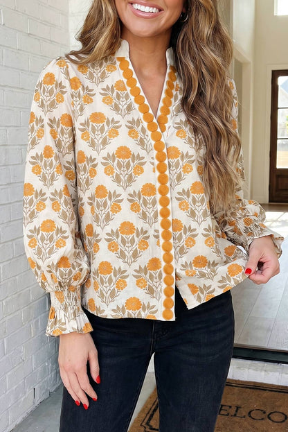 Floral V Neck Casual Shift Tunic Blouse (S-L): Orange