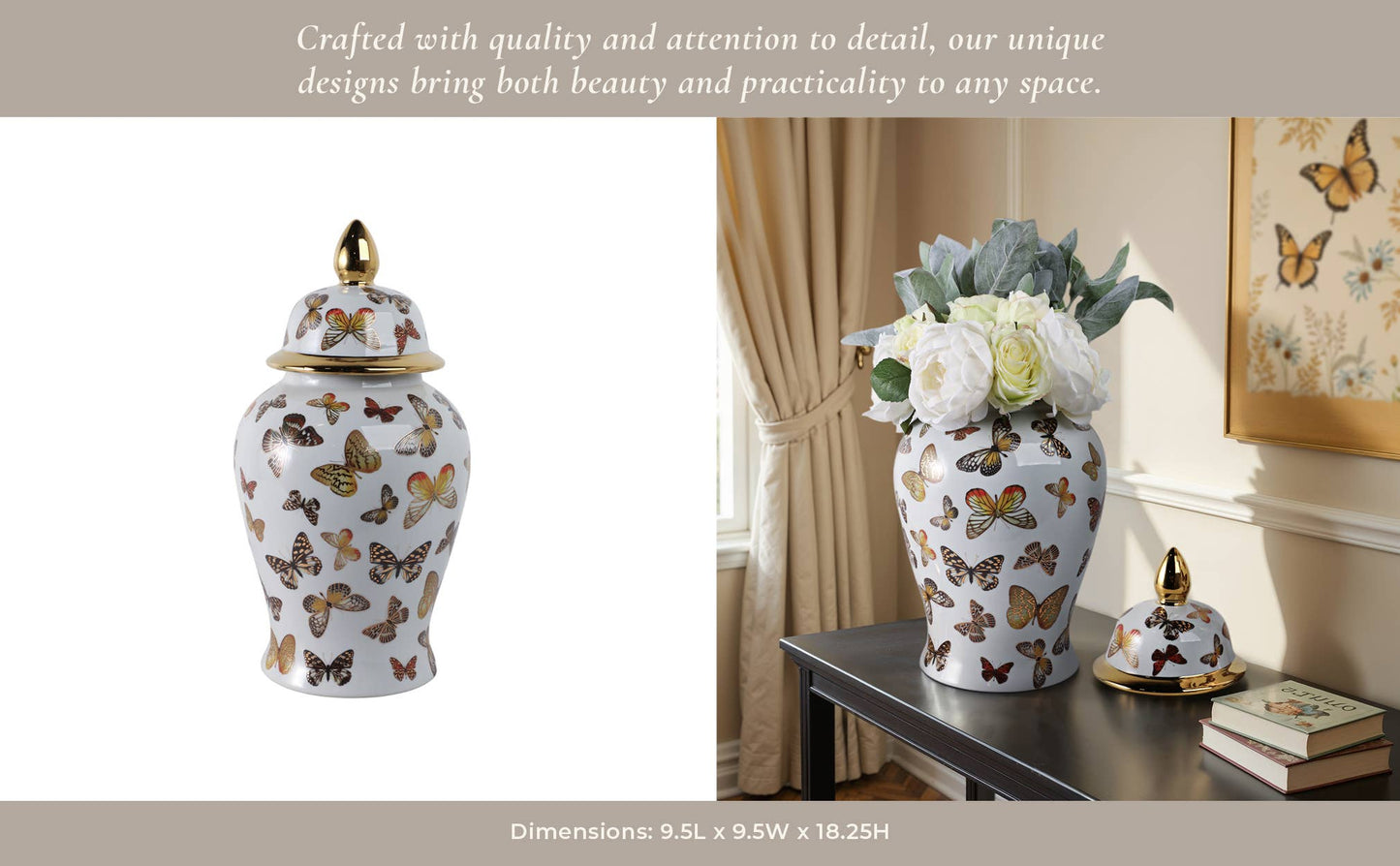 Decorative Temple Jar - White Ceramic Butterflies, 18 in.