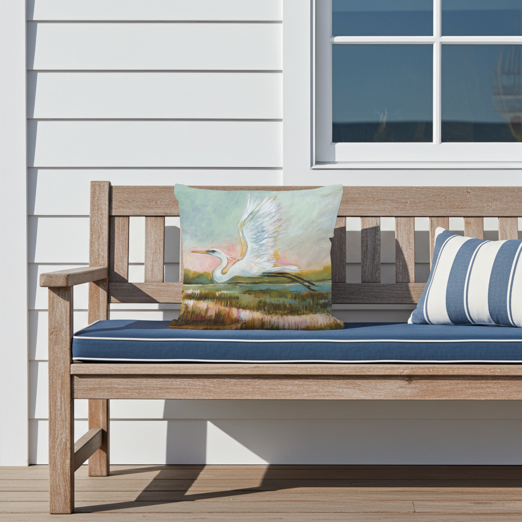 Pillow - Egret Flying Serene - indoor / outdoor cushion: 18x18