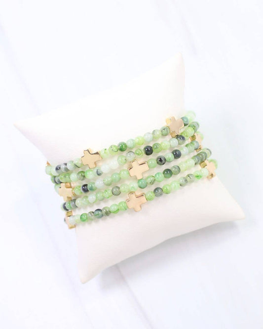 Flint Beaded Cross Stretch Bracelet Set Green