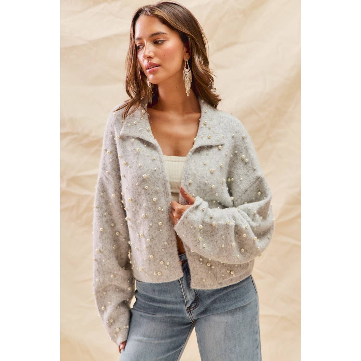 PEARL EMBELLISH SWEATER HOLIDY CHRISTMAS CARDIGAN: LT GREY / L