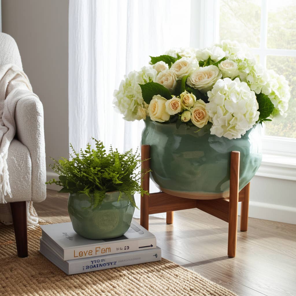 Green Ceramic Round Wavy Edge Planters (2 Sizes)