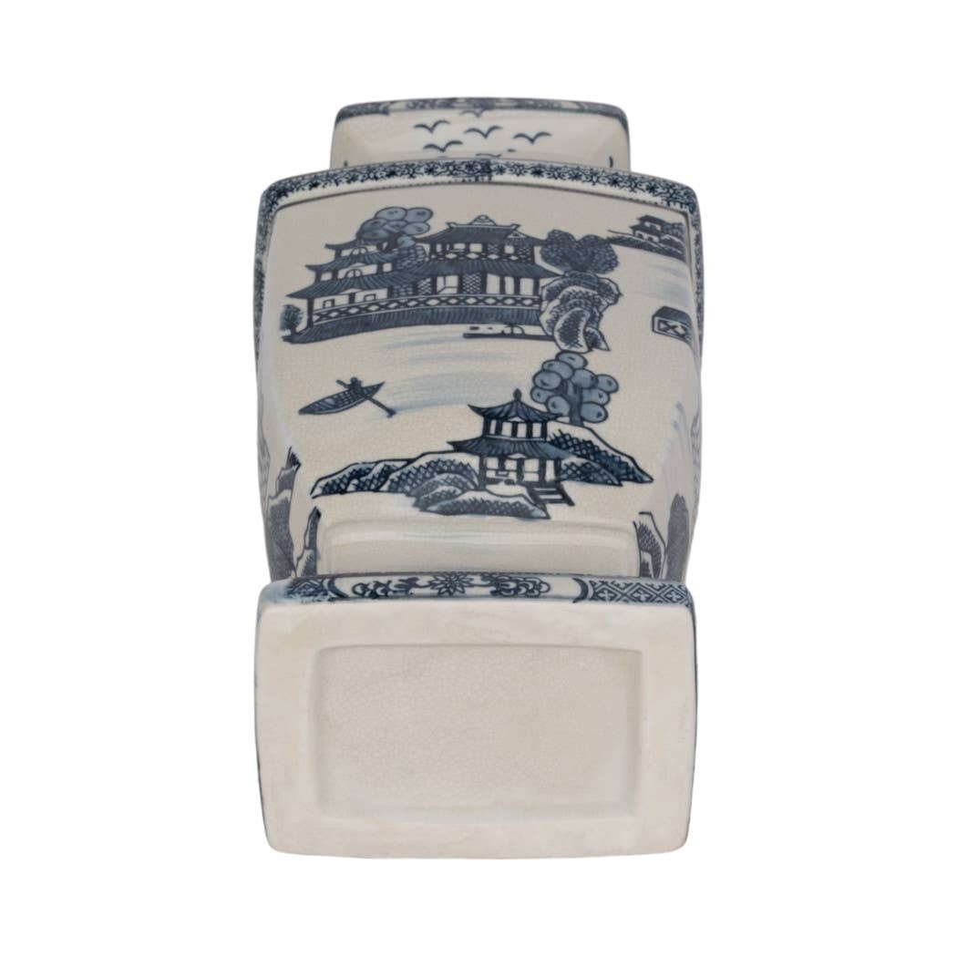 Decorative Jar - Blue Ceramic Chinoiserie Temple, 15 in.