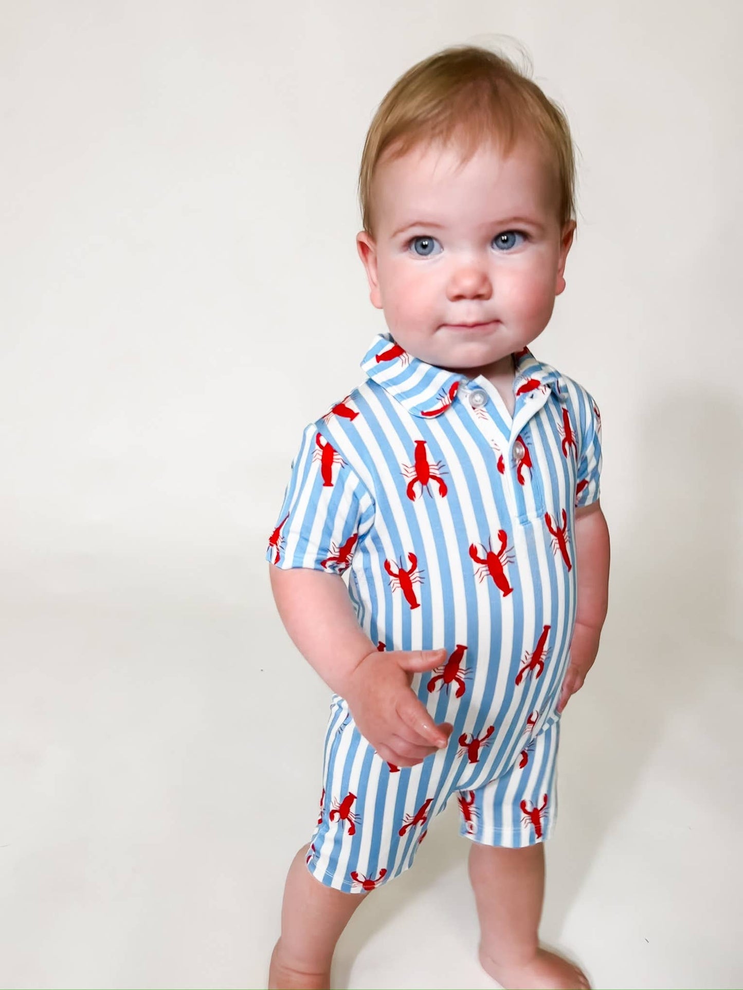 Little Pinchers Crawfish/Lobsters - SS Polo Romper: 3-6 mo