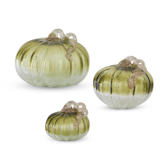 Green & Clear Crackled Handblown Glass Pumpkins (3 Sizes)