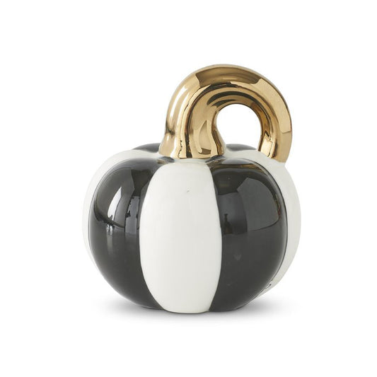 White & Black Striped Ceramic Pumpkin w/Gold Stem - 3.25"