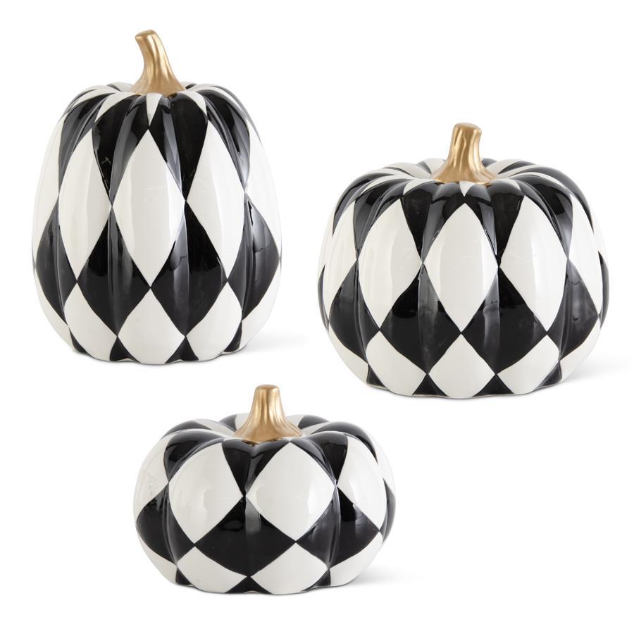 Black & White Harlequin Pumpkins w/Gold Stems (3 Sizes)