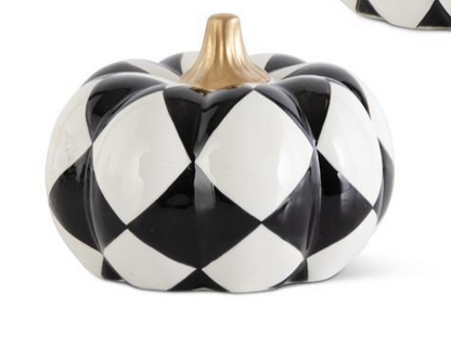 Black & White Harlequin Pumpkins w/Gold Stems (3 Sizes)
