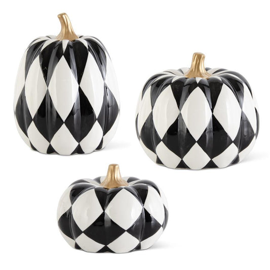 Black & White Harlequin Pumpkins w/Gold Stems (3 Sizes)