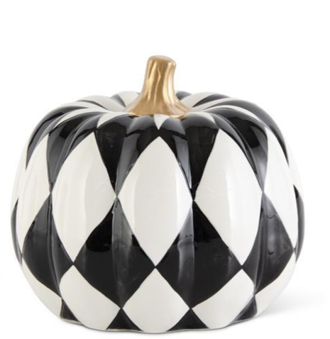 Black & White Harlequin Pumpkins w/Gold Stems (3 Sizes)