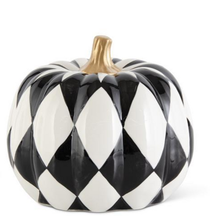 Black & White Harlequin Pumpkins w/Gold Stems (3 Sizes)