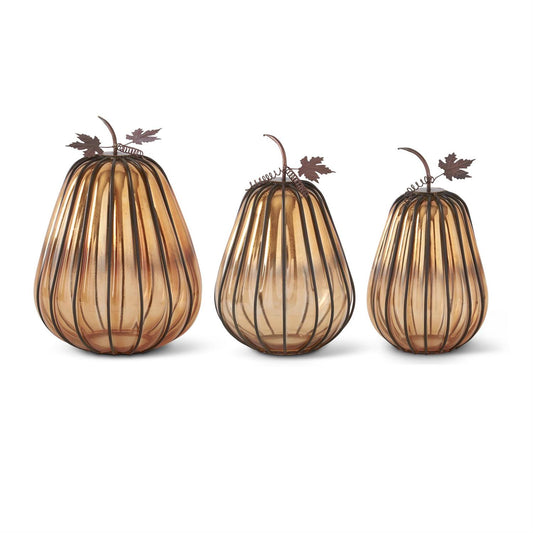 Orange Glass Pumpkin w/Dark Metal Stems (3 Sizes)