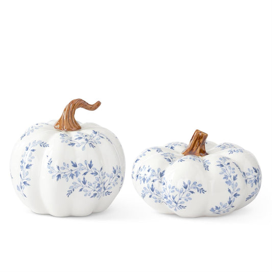 White w/Blue Floral Ceramic Pumpkins (2 Sizes)