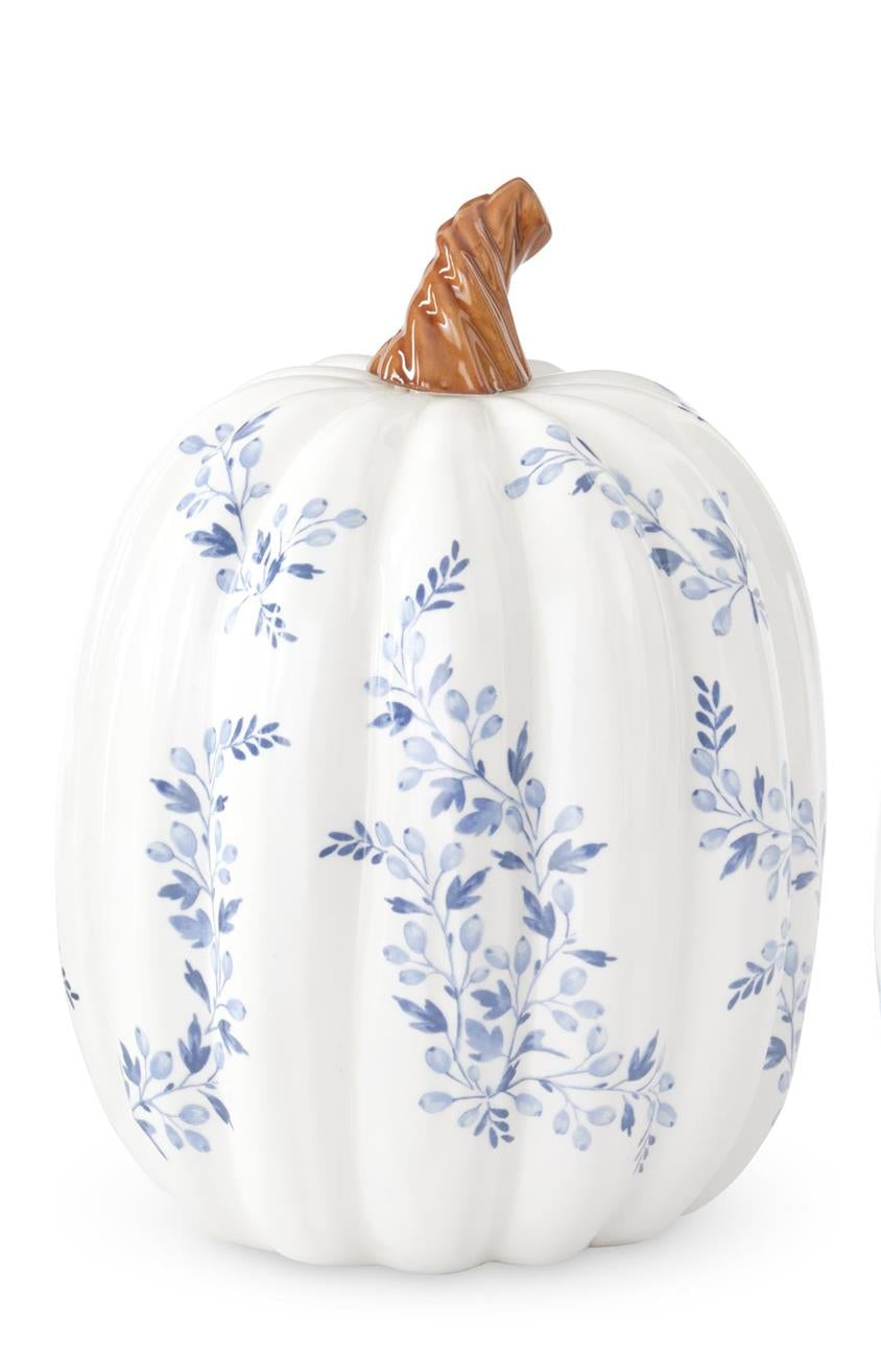 White w/Blue Floral Ceramic Pumpkins (2 Sizes)
