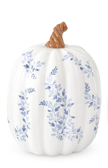 White w/Blue Floral Ceramic Pumpkins (2 Sizes)