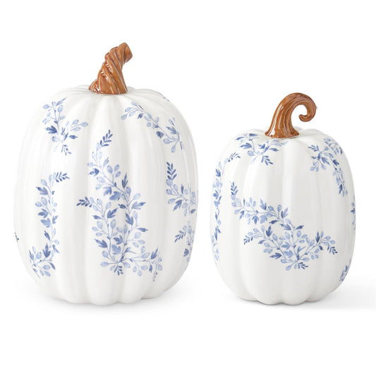 White w/Blue Floral Ceramic Pumpkins (2 Sizes)