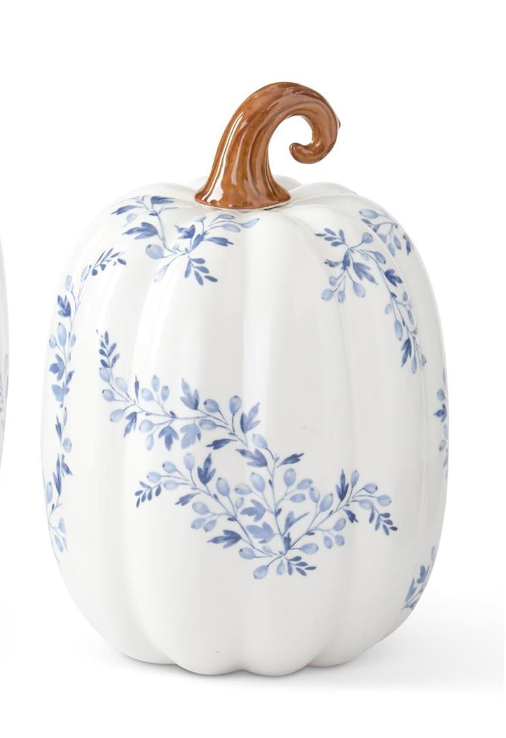 White w/Blue Floral Ceramic Pumpkins (2 Sizes)
