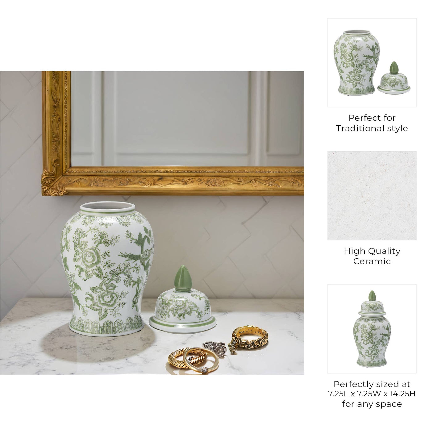 14 in. Green/White Bird and Flower Temple Chinoiserie Jar