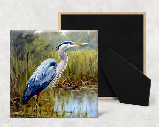 Art tile, CJ, Blue Heron, 4"x4", Easel back