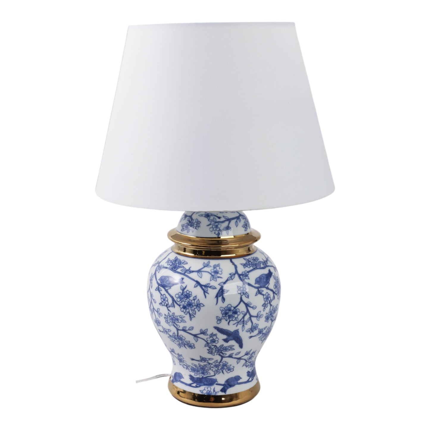 Table Lamp - Blue Ceramic Chinoiserie Floral Birds, 19 in.