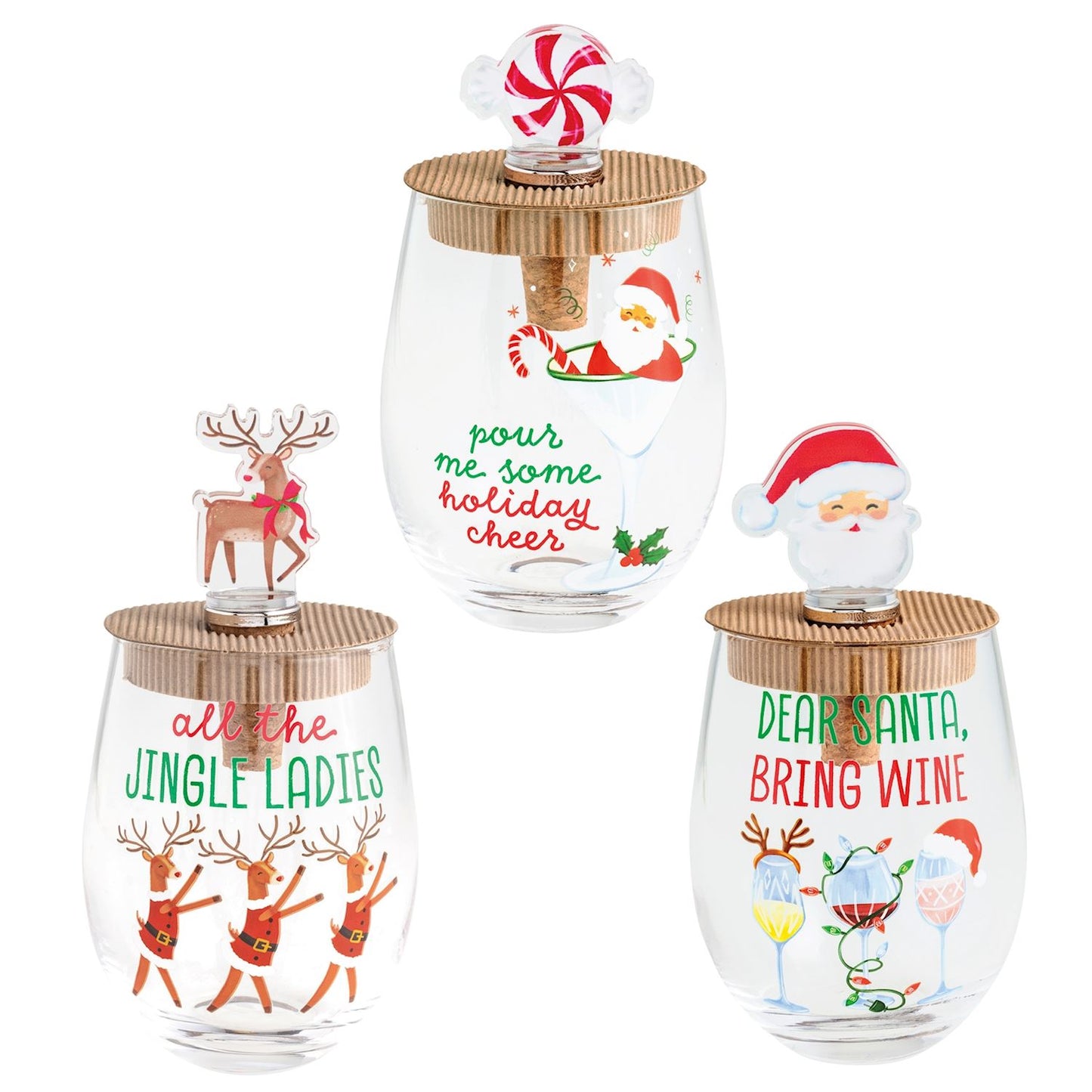 Christmas Wine Glass & Stopper Set (3 Styles)