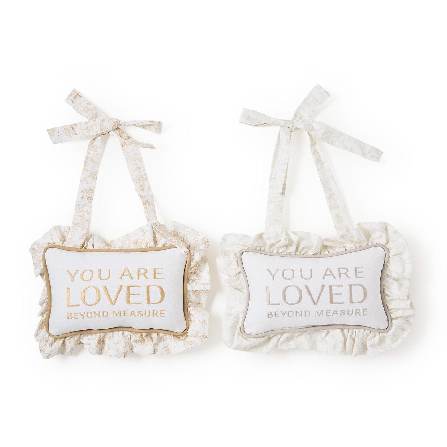 You Are Loved Beyond Measure Embroidered Ruffle Pillow Door Hanger (2 Colors)
