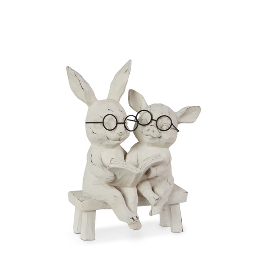 Reading Bunny and Pig On Bench