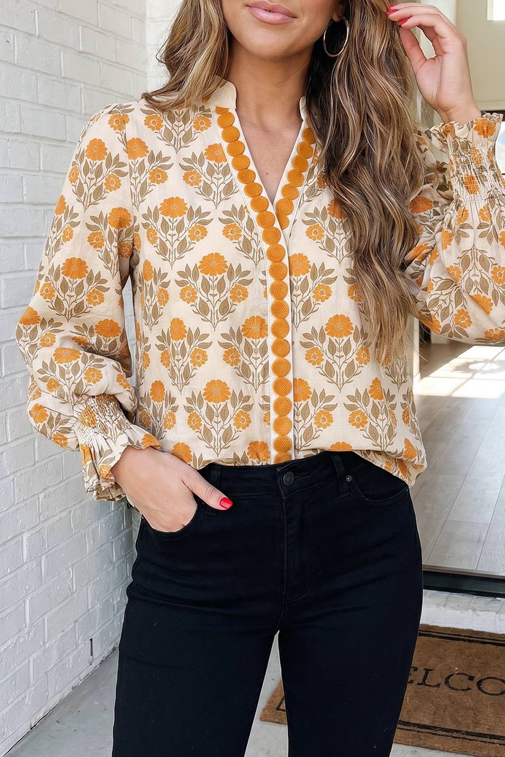 Floral V Neck Casual Shift Tunic Blouse (S-L): Orange