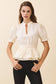 Split Neck Scalloped Elastic Cuff Short Sleeve Top: CHOCOLATE
